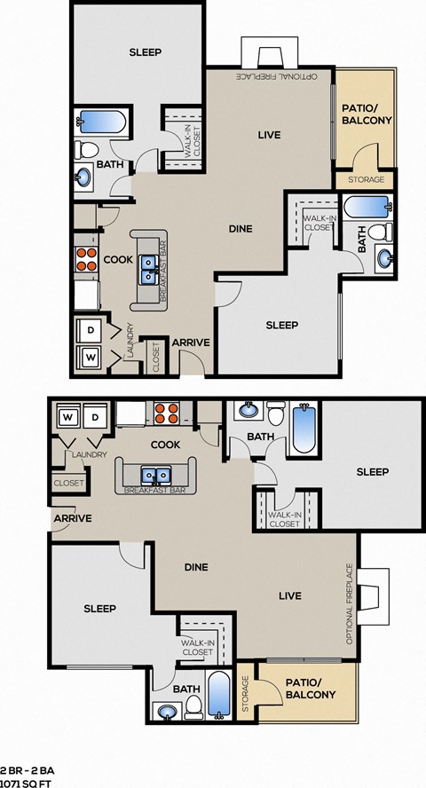 Floor plan for 2 beds, 2 baths, 1071 sqft